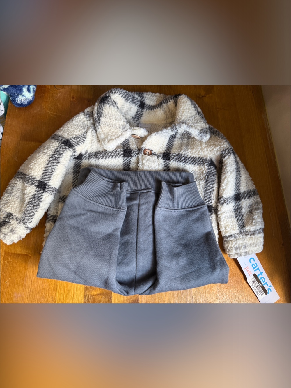 Carter's Cream and Gray Sherpa Plaid Jacket with Gray Joggers
